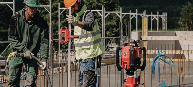 PR 40-22 rotačná laserová vodováha Robustná exteriérová rotačná laserová vodováha s automatickými funkciami na nivelizáciu na veľkú vzdialenosť, zarovnávanie, zvažovanie a stanovenie pravých uhlov (akumulátorová platforma Nuron) Použitie 1