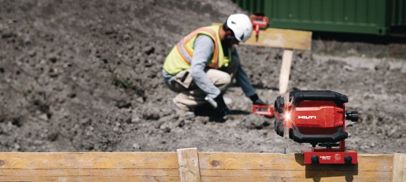 PR 40-22 rotačná laserová vodováha Robustná exteriérová rotačná laserová vodováha s automatickými funkciami na nivelizáciu na veľkú vzdialenosť, zarovnávanie, zvažovanie a stanovenie pravých uhlov (akumulátorová platforma Nuron) Použitie 1